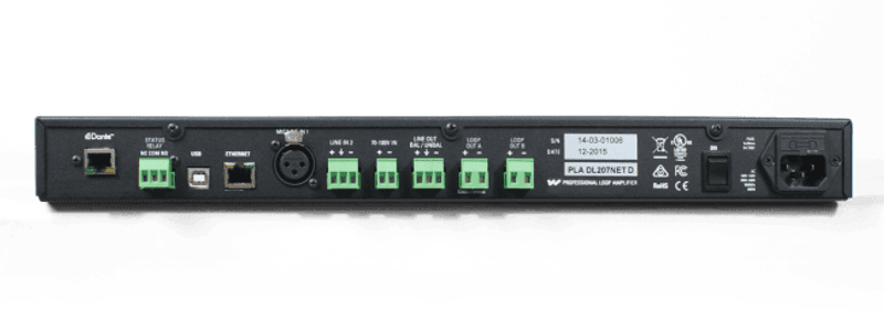 Induction loop amplifier w/network.  2x9.5A, 1U, DANTE
